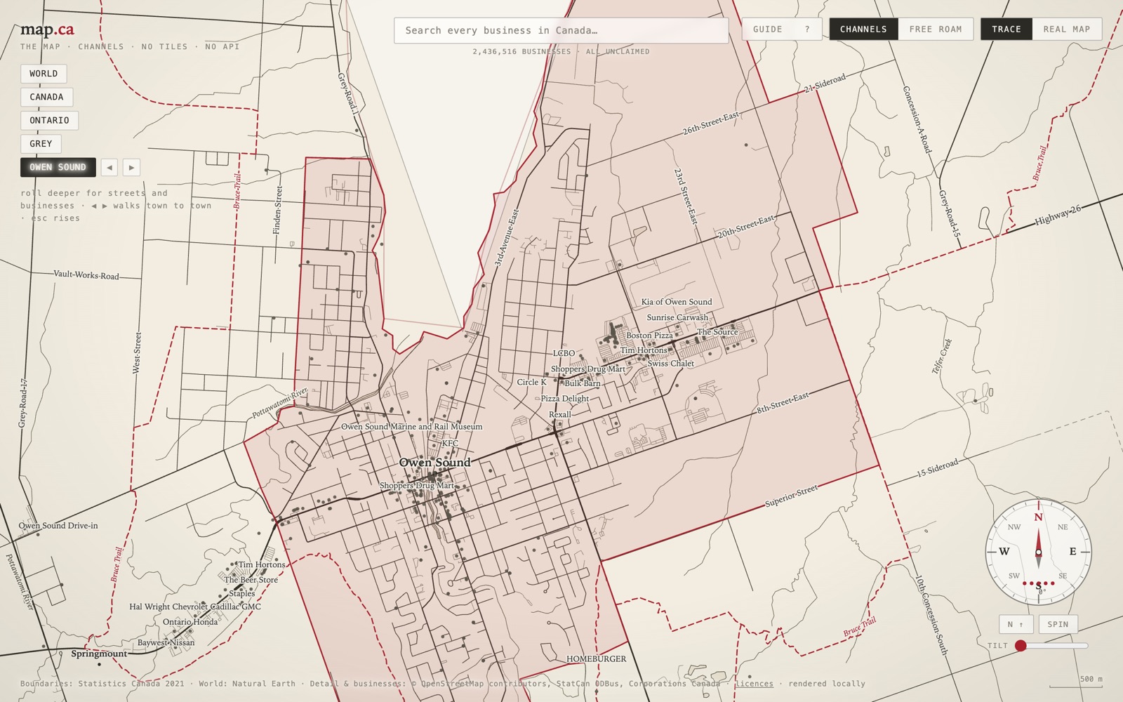 map.ca local atlas showing Owen Sound streets and businesses with the Bruce Trail marked