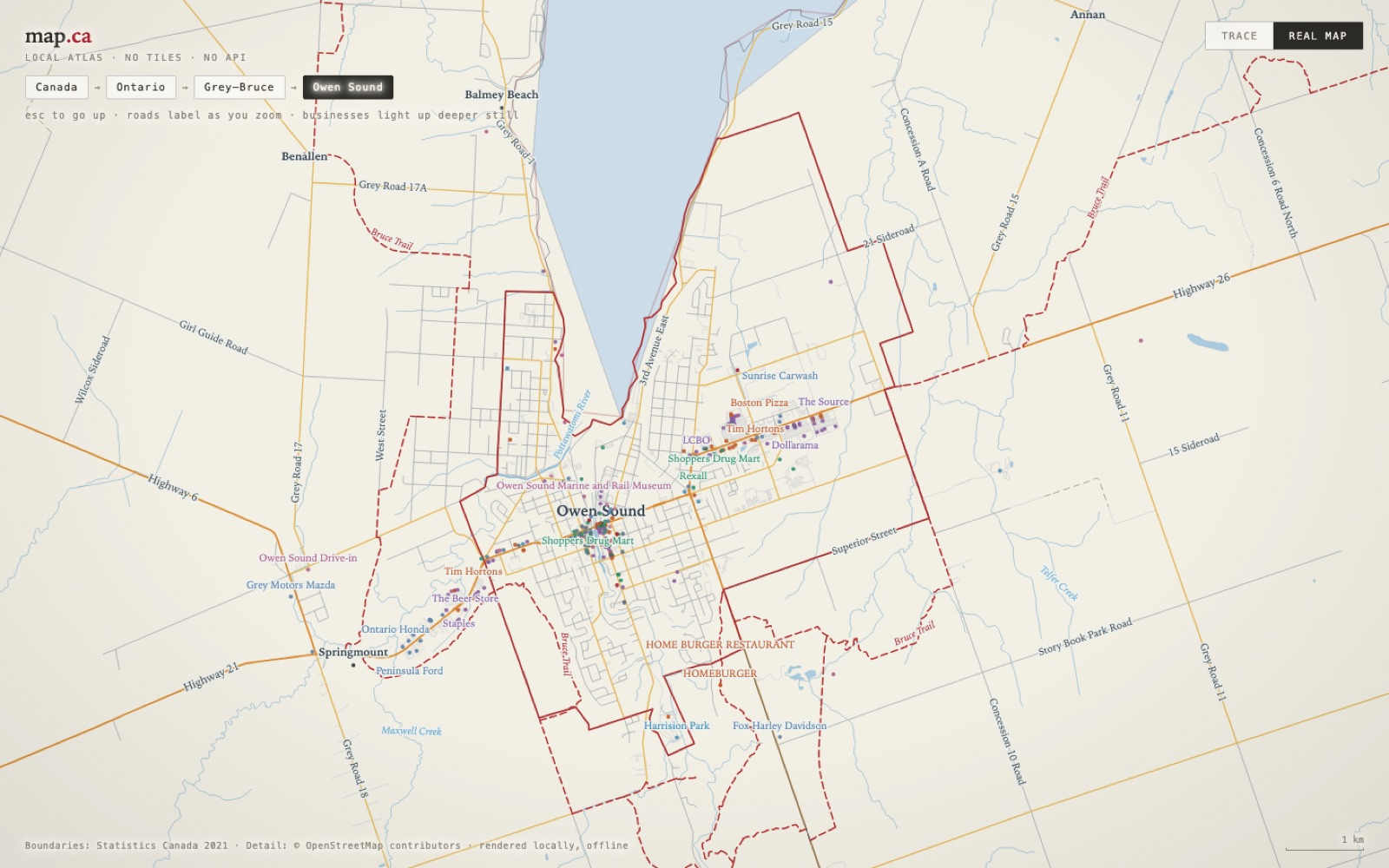 map.ca business search over Owen Sound with named businesses lit on the map